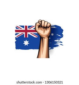 Australia flag and hand on white background. Vector illustration