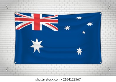 Australia flag hanging on brick wall. 3D drawing. Flag attached to the wall. Neatly drawing in groups on separate layers for easy editing.