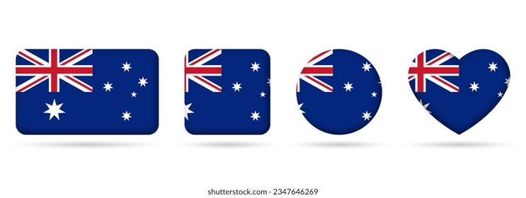 Australia flag icon or badge set. Australian square, heart and circle national symbol or banner. Vector illustration.