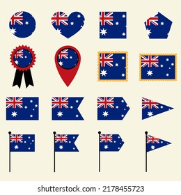 Australia flag icon set in 16 shape versions. Collection of Australia flag icons with square, circle, heart, triangle, medal, stamp and location shapes.