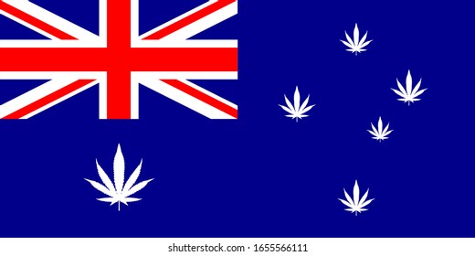 Australische Flagge einzelne Vektorillustration Illustration mit realen Proportionen . Nationale Isigna hat ein neu bearbeitetes Cannabisblatt, um die legale cbd- und cannabis-Landwirtschaft zu vertreten