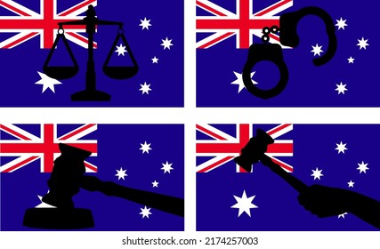 Australia flag with justice vector silhouette, judge gavel hammer and scales of justice and handcuff silhouette on country flag, Australia law concept, design asset, freedom idea