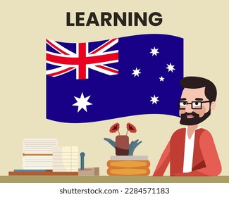 Australische Flagge mit einem männlichen Lehrer, Lernen oder Lehren Australiensprache, Bärenmann mit Brille und Country-Flagge Vektordesign, Sprachschulkonzept