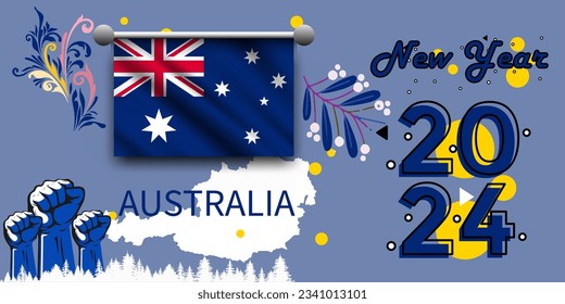 australische Flagge und Karte zuerst erhöht. Nationalfeiertag oder Unabhängigkeitstag für Australien.Happy new year 2024.new year 2024.Modernes Vintage-Design mit abstraktem Hintergrund.Vektorbild.
