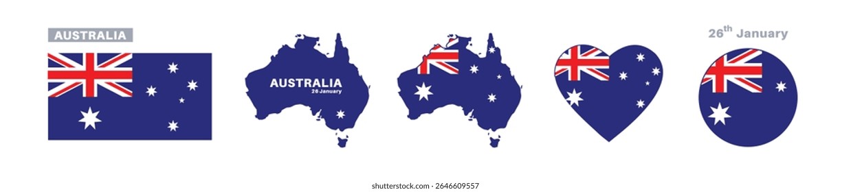 australia flag and map set. australia flag in official colors and proportions. independence day 26 january, map, circle and heart shaped australia	
