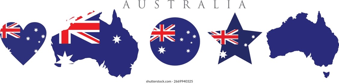 Bandera de Australia y conjunto de mapas. Bandera de Australia en colores y proporciones oficiales. Día de la independencia 26 de enero, mapa, círculo, estrella y corazón en forma de Australia.