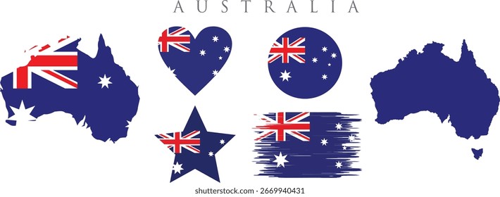Bandera de Australia y conjunto de mapas. Bandera de Australia en colores y proporciones oficiales. Día de la independencia 26 de enero, mapa, círculo, estrella y corazón en forma de Australia