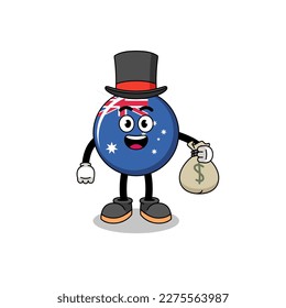 australia flag mascot illustration rich man holding a money sack , character design