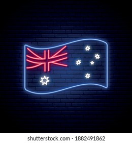 Australia flag neon sign. Glowing Australia flag isolated on dark brick wall background. Stock vector illustration.