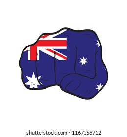 Australia flag on a clenched fist. Strength, Power, Protest concept