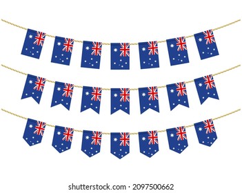 Bandera de Australia sobre las cuerdas de fondo blanco. Juego de banderas Patrióticas. Decoración de manto de la bandera de Australia