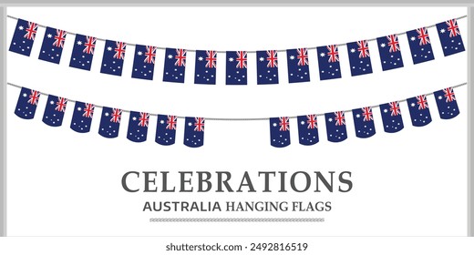 Australia flag on the ropes on white background. Set of Patriotic bunting flags. Bunting decoration of Australia flag. Celebrations vector flag.