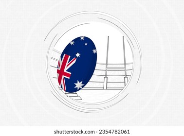 Australia flag on rugby ball, lined circle rugby icon with ball in a crowded stadium. Vector sport emblem on abstract background.