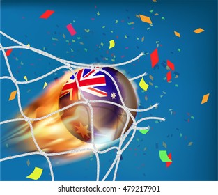 Australia flag on soccer ball goes through the net of goal and confetti in vector illustration, design for score in football with powerful shooting as a fire