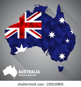 Australia flag overlay on Australia map with polygonal and long tail shadow style (EPS10 art vector)