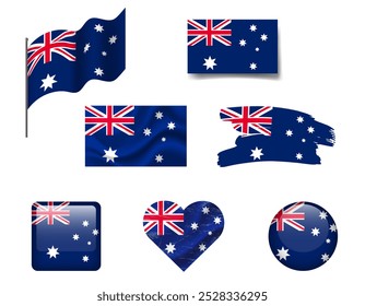 Australia flag set of icons. Vector flag of Australia, symbol. Set of Australia flags button, brush, waved, heart.