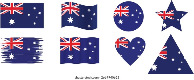 Bandera de Australia conjunto de iconos. Bandera de Vector de Australia. Conjunto de banderas de Australia Botón, ondulado, corazón, círculo y estrella.	