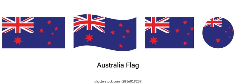 Australia Flag Set with Waving, Circle and Rectangle Shapes Vector Illustration