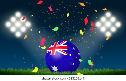 Australia flag in soccer ball with confetti in stadium to celebrate for football match in night time with spot light backdrop, This design for sport template , banner in vector illustration