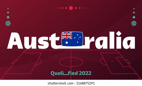 Australien Flagge und Text auf dem Hintergrund der Fußballweltmeisterschaft 2022. Vektorgrafik-Fußball-Muster für Banner, Karten, Website. Nationalflagge