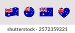 Australia flag vector set. Australian official symbols collection. Web, national, travel, patriotic design elements. Geometric shapes. rectangle, round, love heart and waved flagstaff isolated icons.