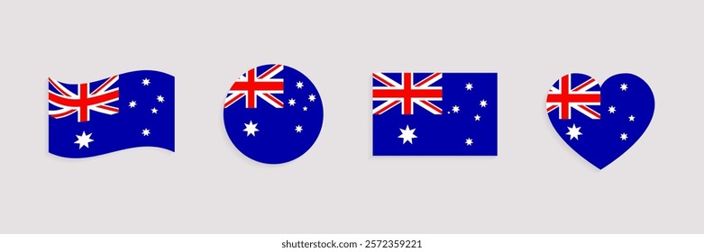 Australia flag vector set. Australian official symbols collection. Web, national, travel, patriotic design elements. Geometric shapes. rectangle, round, love heart and waved flagstaff isolated icons.