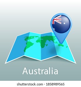 Australia flag world map in pin with name of country
