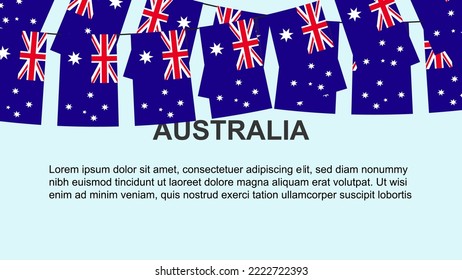 Australia flags hanging on a rope, celebration and greeting concept, many Australia flags with text space, banner and poster idea, decoration material, independence day