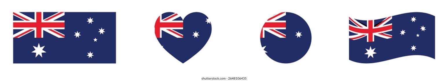Australia flags set in square, heart, circle and waving formats designs element. Australia flags collection. Set of Australia flags icons isolated on white background. Vector illustration.