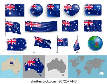 Australia flags of various shapes and geographic map set. Realistic waving Australian flags, glossy 3d buttons, highly detailed map and globe with location identification pin vector illustration