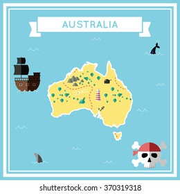 Australia flat treasure map. Colorful cartoon treasure map of Australia with flat icons of pirate ship, jolly roger, treasure chest and banner ribbon. Flat design vector illustration.
