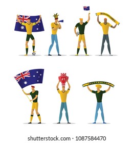 Australia football fans. Cheerful soccer supporters crowd. vector illustration.