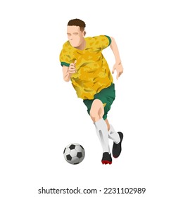 Australia football player dribbling the ball wearing home kit jersey. Yellow, green and white color uniform.