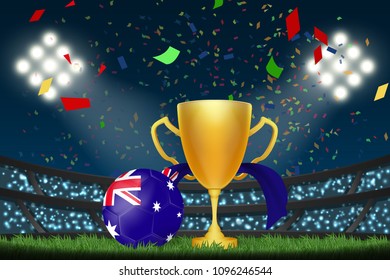 Australia football with trophy cup and flag among crowd audience in soccer stadium in vector illustration. concept for football result template use in web or mobile phone application