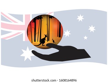 Australia Forest Fire, Hand Holding Kangaroos In Wild Fire With Australian National Flag  Background, Save Australia Concept, Pray For Australia, Sign Symbol Background, Vector Illustration.