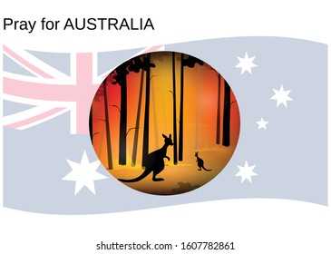 Australia forest fire, Kangaroos and kangaroo baby in forest fire with Australian national flag background, Save australia concept, Pray for australia, sign symbol background, vector illustration.