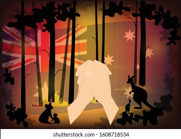 Australia forest fire, Parying hands with Kangaroo and koala in wild fire on the Australian national flag background, Pray for australia, Save australia concept, vector illustration.