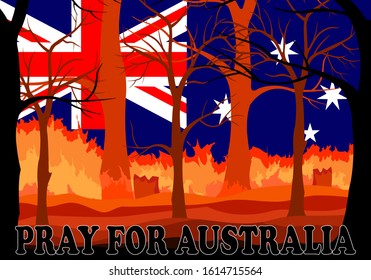 Australia forest fire, Pray for Australia and forest fire  with Australian national flag background, Save Australia concept, sign symbol background, vector ,illustration in concept.