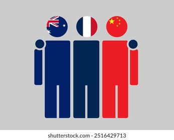 Australia, France, and China National Flags With Embracing Body. Vector Illustration. Isolated background.