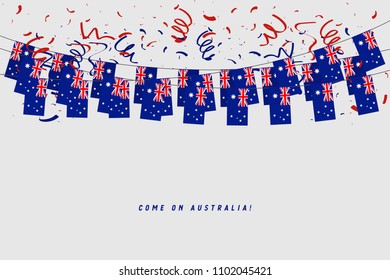 Australia garland flag with confetti on gray background, Hang bunting for Australia celebration template banner. vector