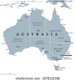 Australia, gray political map, with capital Canberra, internal administrative boundaries, and most important cities. Commonwealth of Australia.