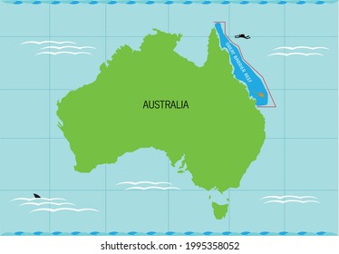 Australia with Great Barrier Reef coral system, the largest underwater ecosystem in the world. Editable Clip Art.