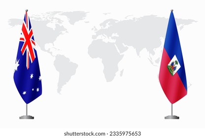 Australia and Haiti flags for official meeting against background of world map.