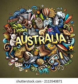 Australia hand drawn cartoon doodle illustration. Funny Australian design. Creative vector background. Handwritten text with Oceania Country elements and objects. Colorful composition