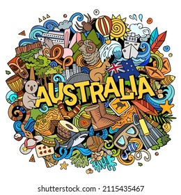 Dibujo a mano en Australia ilustraciones de doodle. Gracioso diseño australiano. Fondo vectorial creativo. Texto escrito a mano con objetos y elementos de Oceanía Country. Composición colorida