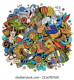 Dibujo a mano en Australia ilustraciones de doodle. Gracioso diseño australiano. Fondo vectorial creativo con elementos y objetos de Oceanía Country. Composición colorida