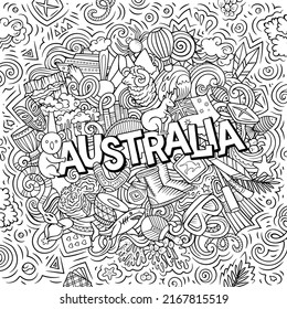 Australia hand drawn cartoon doodle illustration. Funny Australian design. Creative vector background. Handwritten text with Oceania Country elements and objects. Sketchy composition