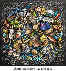 Dibujo a mano en Australia ilustraciones de doodle. Gracioso diseño australiano. Fondo vectorial creativo con elementos y objetos de Oceanía Country. Composición del tablero de calibre