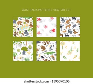 Australia hand drawn color vector seamless patterns set. Scandinavian illustration. Wrapping paper, textile, background fill. 