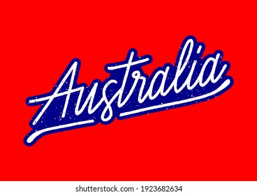 Australia hand lettering with abstract blue and white colors on red background.